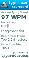 Scorecard for user benjimannski