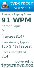 Scorecard for user jiayuee314