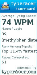 Scorecard for user methylphenidiate