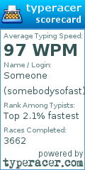 Scorecard for user somebodysofast