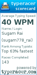 Scorecard for user sugam778_rai