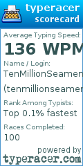 Scorecard for user tenmillionseamen