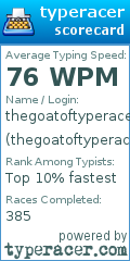 Scorecard for user thegoatoftyperacer1