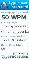 Scorecard for user timothy__yoonkang02