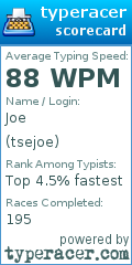 Scorecard for user tsejoe