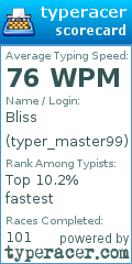 Scorecard for user typer_master99