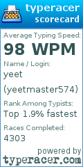 Scorecard for user yeetmaster574